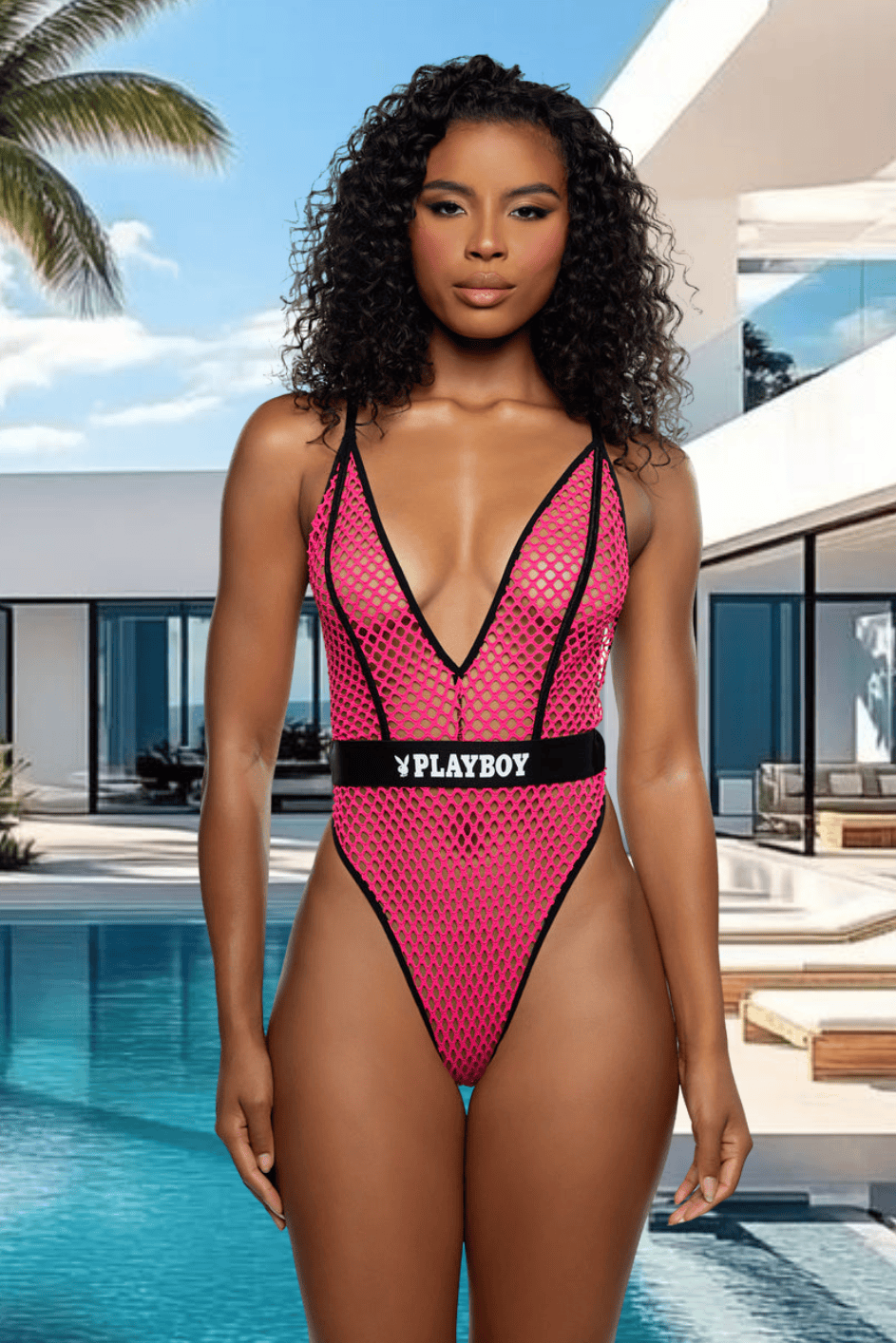Roma Swimwear Apparel & Accessories > Clothing > Swimwear Pink / S/M Black Playboy Bunny Erotic Fishnet Deep Plunge High Cut Leg Thong One Piece Swimsuit Black Playboy Bunny Fishnet Deep Plunge High Leg Thong Swimsuit
