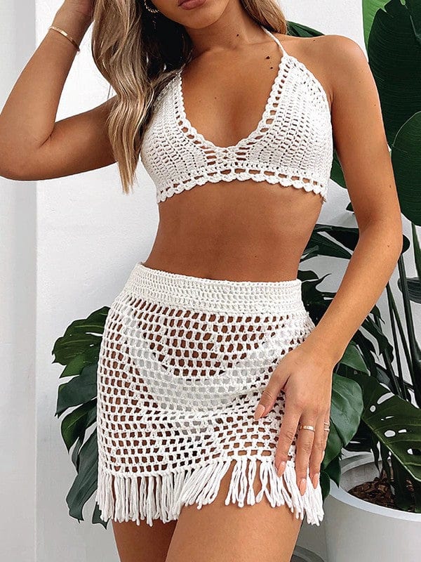 Sizzle Kiss Swimwear Apparel & Accessories > Clothing > Dresses White / One Size White Crochet Knit Crop Halter Top & Mini Skirt Cover-Up Resort Outfit 2023 Sexy White Crochet Halter Top Mini Skirt Cover-Up Dress