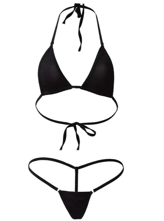 Sizzle Kiss Swimwear Apparel & Accessories > Clothing > Swimwear Black Extreme Micro O-Ring Triangle Top & Thong G-String Bottom Bikini Sexy Black Extreme Micro Triangle Top Thong G-String Bikini Set
