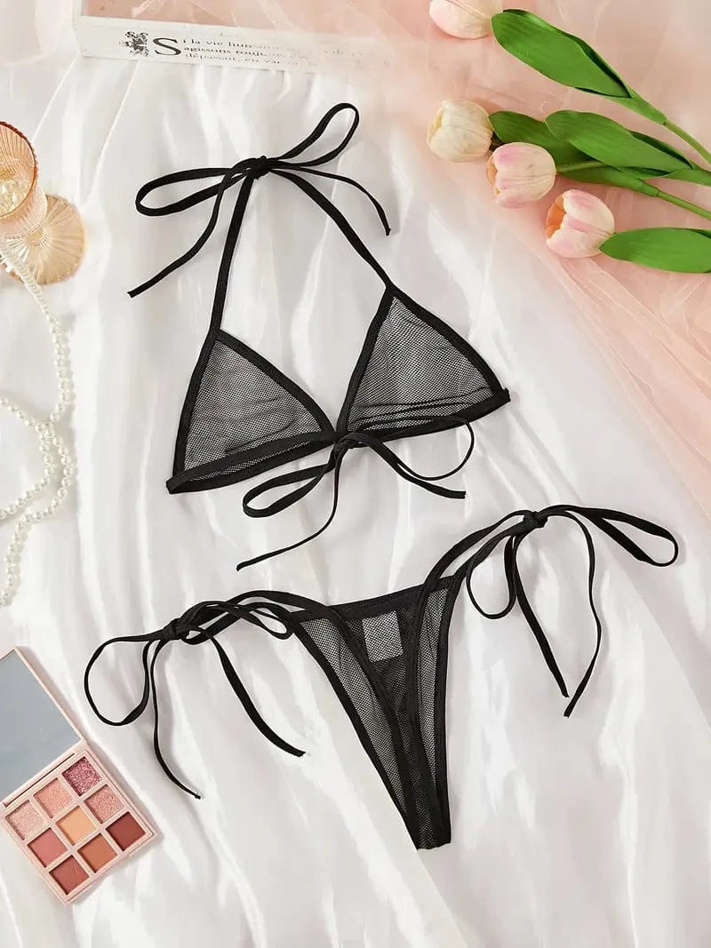 Sizzle Kiss Swimwear Apparel & Accessories > Clothing > Swimwear Black / One Size Black Sheer Mesh Extreme Micro Triangle Top & Thong G-String Bottom Swimsuit Black Sheer Mesh Extreme Micro Triangle Top Thong Bottom Swimsuit