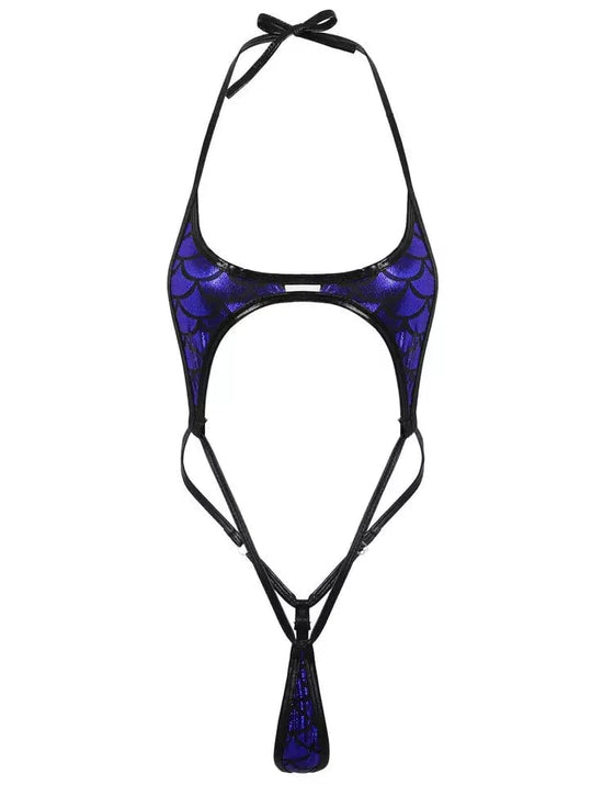 Sizzle Kiss Swimwear Apparel & Accessories > Clothing > Swimwear Blue Metallic Mermaid Print Open Front Thong G-String Monokini Swimsuit 2024 Blue Metallic Mermaid Micro Thong G-String Monokini Swimsuit