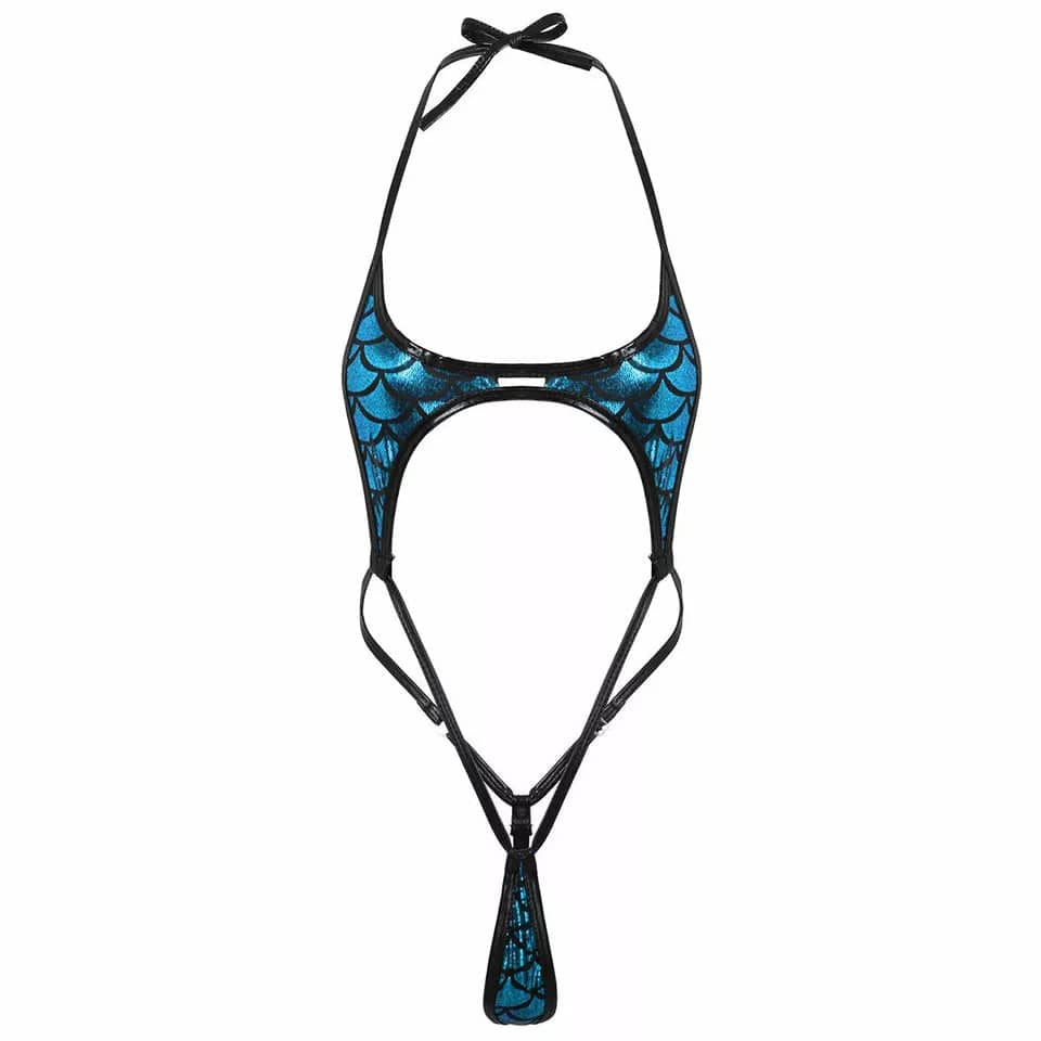 Sizzle Kiss Swimwear Apparel & Accessories > Clothing > Swimwear Blue Metallic Mermaid Print Open Front Thong G-String Monokini Swimsuit 2024 Blue Metallic Mermaid Micro Thong G-String Monokini Swimsuit