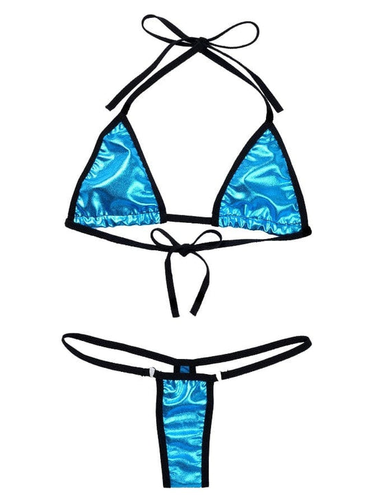 Sizzle Kiss Swimwear Apparel & Accessories > Clothing > Swimwear Blue Metallic Micro Triangle Top & Tiny G-String Thong Bottom Bikini 2023 Sexy Dark Blue Micro Metallic Triangle G-String Thong Bikini