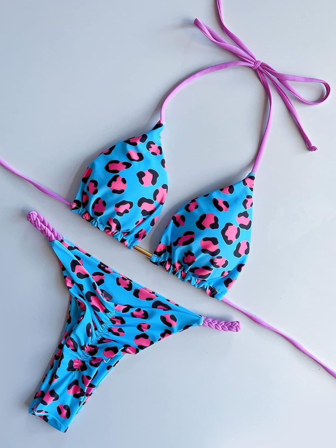 Load image into Gallery viewer, Sizzle Kiss Swimwear Apparel &amp;amp; Accessories &amp;gt; Clothing &amp;gt; Swimwear Blue / One Size Blue w/ Pink Leopard Print Triangle Top &amp;amp; Very Cheeky Thong Bottom Bikini 2024 Sexy Blue Pink Leopard Triangle Cheeky Thong Bikini Swimsuit
