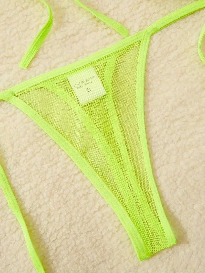 String Triangle Bottom Neon Green Mesh Extreme Micro Triangle Top Thong Bottom Swimsuit