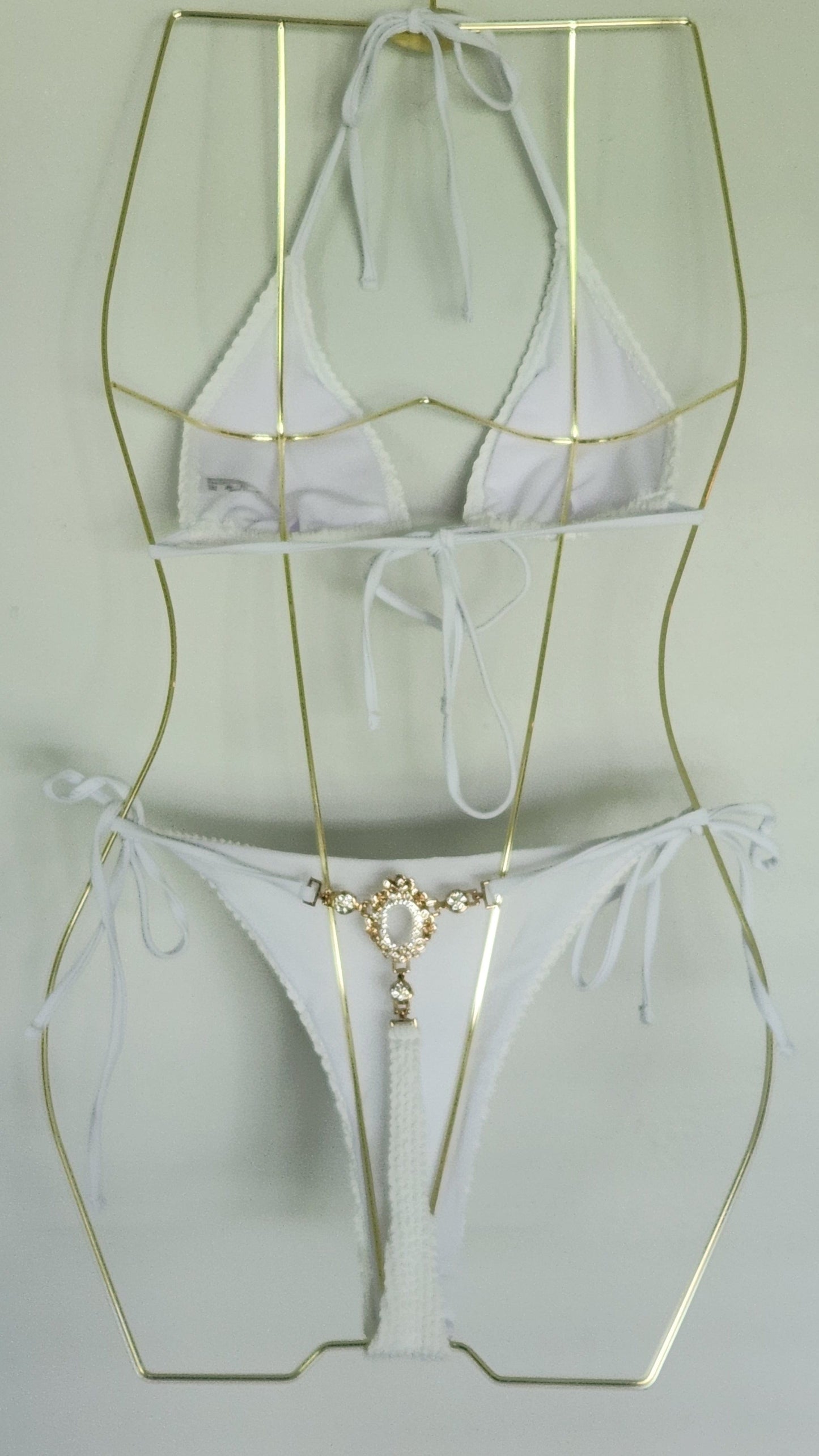 Sizzle Kiss Swimwear Apparel & Accessories > Clothing > Swimwear White / One Size Sexy White Waffle Triangle Top & Rhinestone Back Thong G-String Bottom Bikini Swimsuit Sexy White Triangle Top & Rhinestone Thong G-String Swimsuit