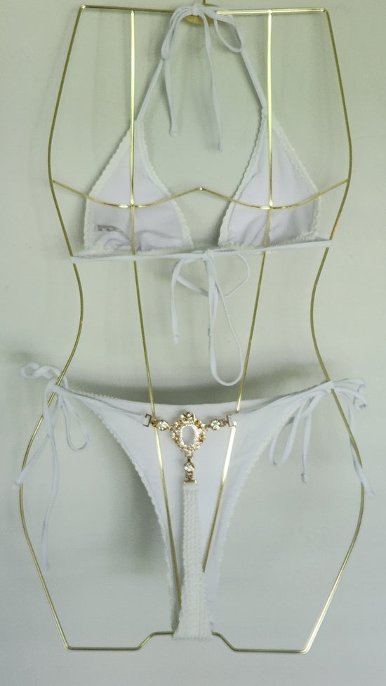 Sizzle Kiss Swimwear Apparel & Accessories > Clothing > Swimwear White / One Size Sexy White Waffle Triangle Top & Rhinestone Back Thong G-String Bottom Bikini Swimsuit Sexy White Triangle Top & Rhinestone Thong G-String Swimsuit
