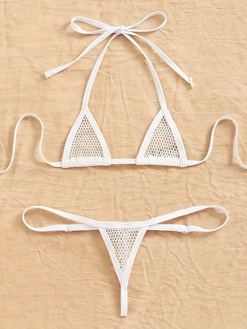Sizzle Kiss Swimwear Apparel & Accessories > Clothing > Swimwear White / One Size White Extreme Sheer Fishnet Micro Triangle Top & Thong G-String Bottom Bikini Swimsuit White Sheer Fishnet Micro Triangle Top G-String Bottom Swimsuit