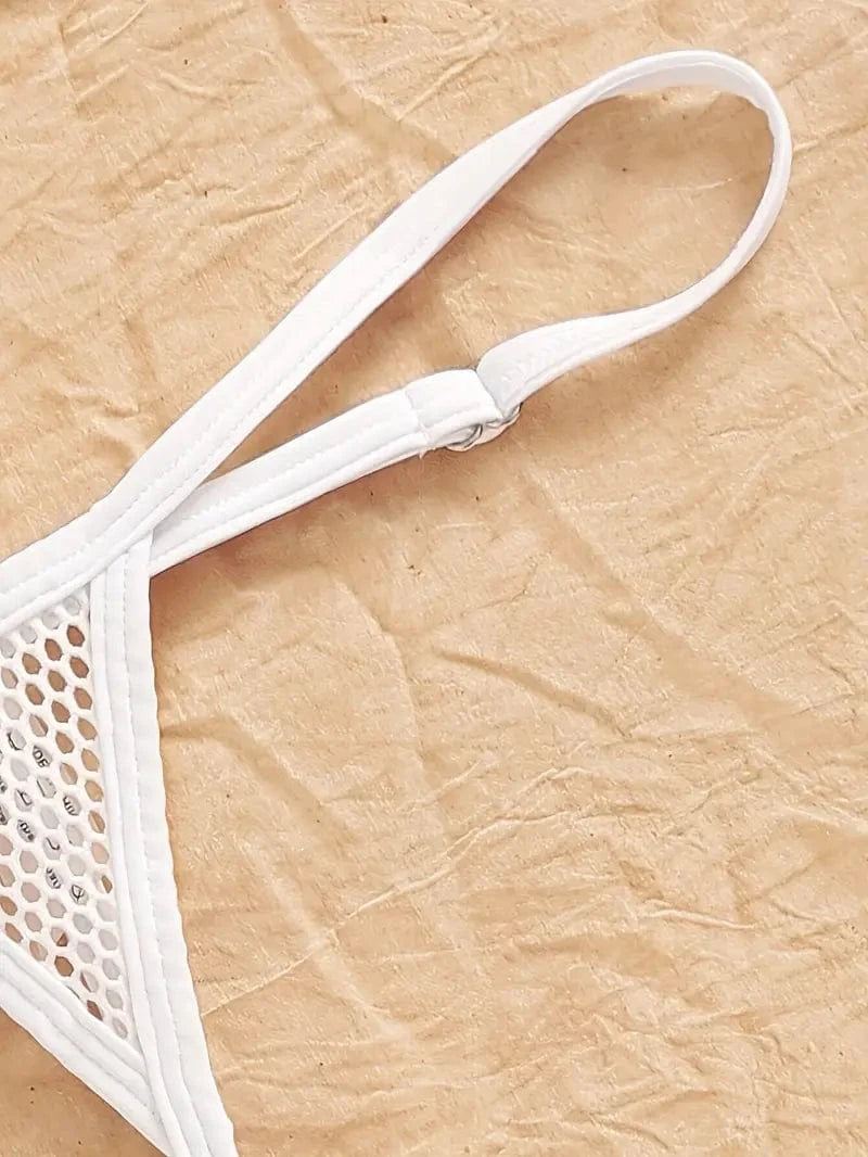 White Sheer Fishnet Micro Triangle Top G-String Bottom Swimsuit