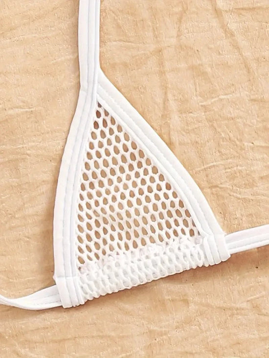 Load image into Gallery viewer, Sizzle Kiss Swimwear Apparel &amp;amp; Accessories &amp;gt; Clothing &amp;gt; Swimwear White / One Size White Extreme Sheer Fishnet Micro Triangle Top &amp;amp; Thong G-String Bottom Bikini Swimsuit White Sheer Fishnet Micro Triangle Top G-String Bottom Swimsuit
