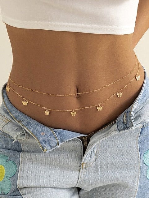 Sizzle Kiss Swimwear Apparel & Accessories > Jewelry > Body Jewelry Gold / One Size Fashionable Double Gold w/ Butterflies Waist Body Chains 34" Length 2024 Swimsuit Bikini Gold Butterfly Waist Belly Chain Jewelry