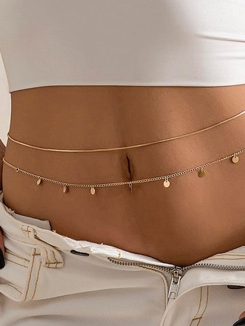 Sizzle Kiss Swimwear Apparel & Accessories > Jewelry > Body Jewelry Gold / One Size Gold Double 37" Adjustable Length Body Waist Chain w/ Disc Accents 2024 Sexy Gold Body 37" Length Waist Chain Disc Accents Jewelry