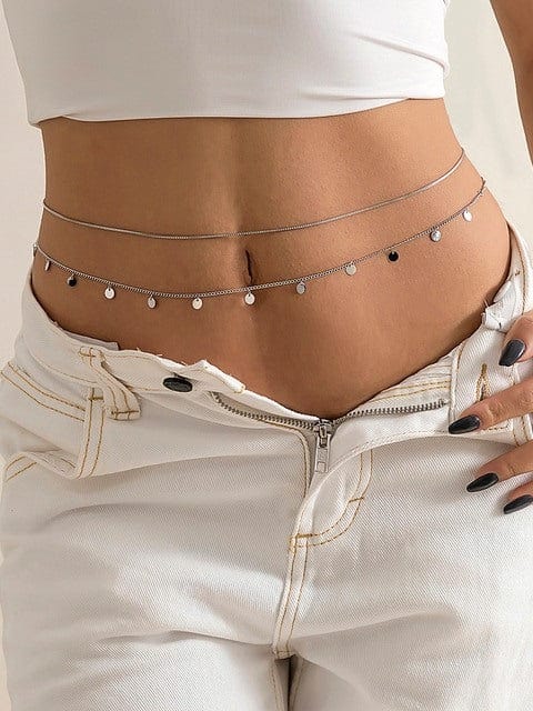 Sizzle Kiss Swimwear Apparel & Accessories > Jewelry > Body Jewelry Silver / One Size Silver Double 37" Adjustable Length Body Waist Chain w/ Disc Accents 2024 Silver 37" Length Body Waist Chain Disc Accents Jewelry