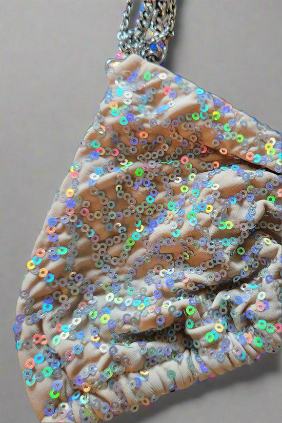 SoHot Swimwear Apparel & Accessories > Clothing > Swimwear Nude / Medium Beach Bunny Swimwer Nude Sequin Ball & Chain Triangle Bikini - Top Only Beach Bunny Swimwear Nude Sequin Ball & Chain Triangle Top