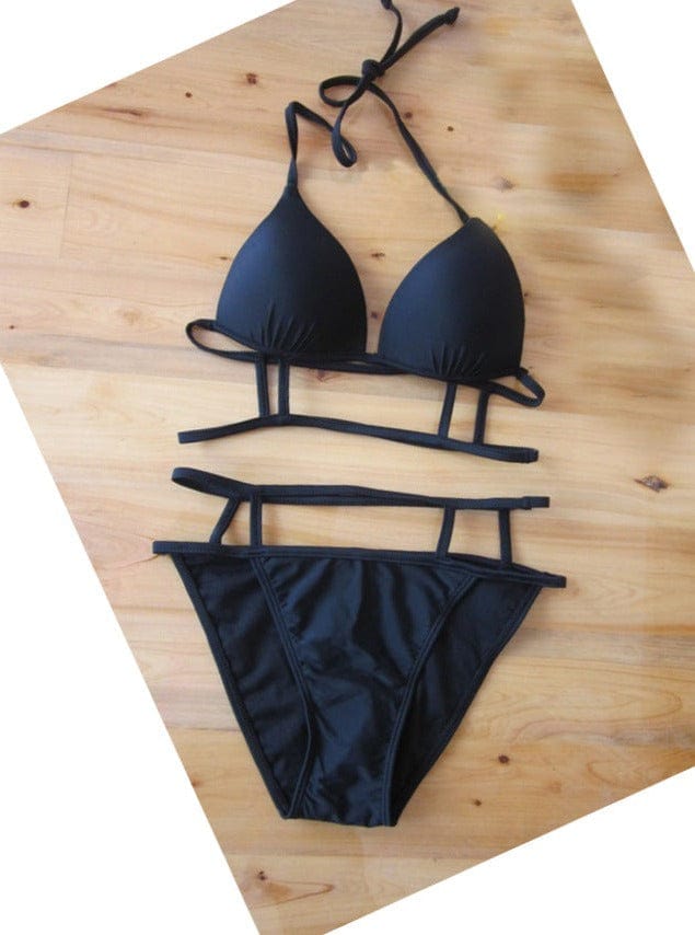 Black Strappy Bikini with Molded Cup Triangle Top and High Waist Bottom  Swimwear Swimsuit Set