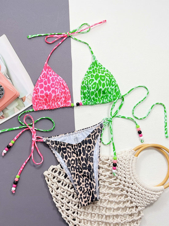 SoHot Swimwear Apparel & Accessories > Clothing > Swimwear Pink / Large Neon Pink & Green Leopard Print Triangle Top & Tie Side Cheeky Bikini Swimsuit Neon Pink & Green LeopardTriangle Top & Cheeky Bikini Swimsuit