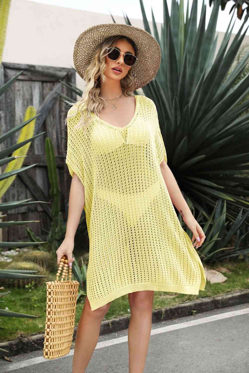 Trendsi Apparel & Accessories > Clothing > Dresses Butter Yellow / One Size Openwork Side Slit Cover-Up Dress