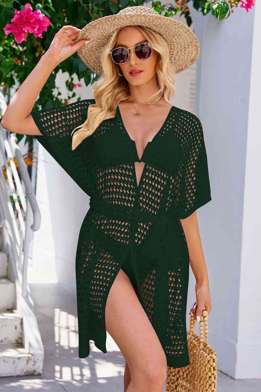 Trendsi Apparel & Accessories > Clothing > Dresses Forest / S Openwork Tie Waist Cover Up