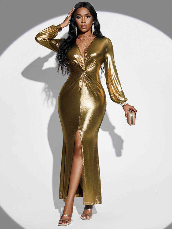 Trendsi Apparel & Accessories > Clothing > Dresses Gold / S Plunge Twisted Slit Midi Dress