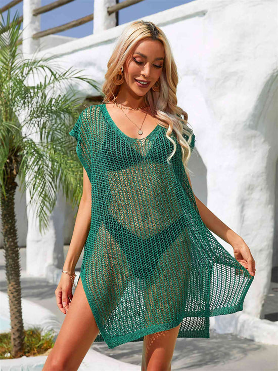 Trendsi Apparel & Accessories > Clothing > Dresses Green / One Size Side Slit Plunge Openwork Cover-Up