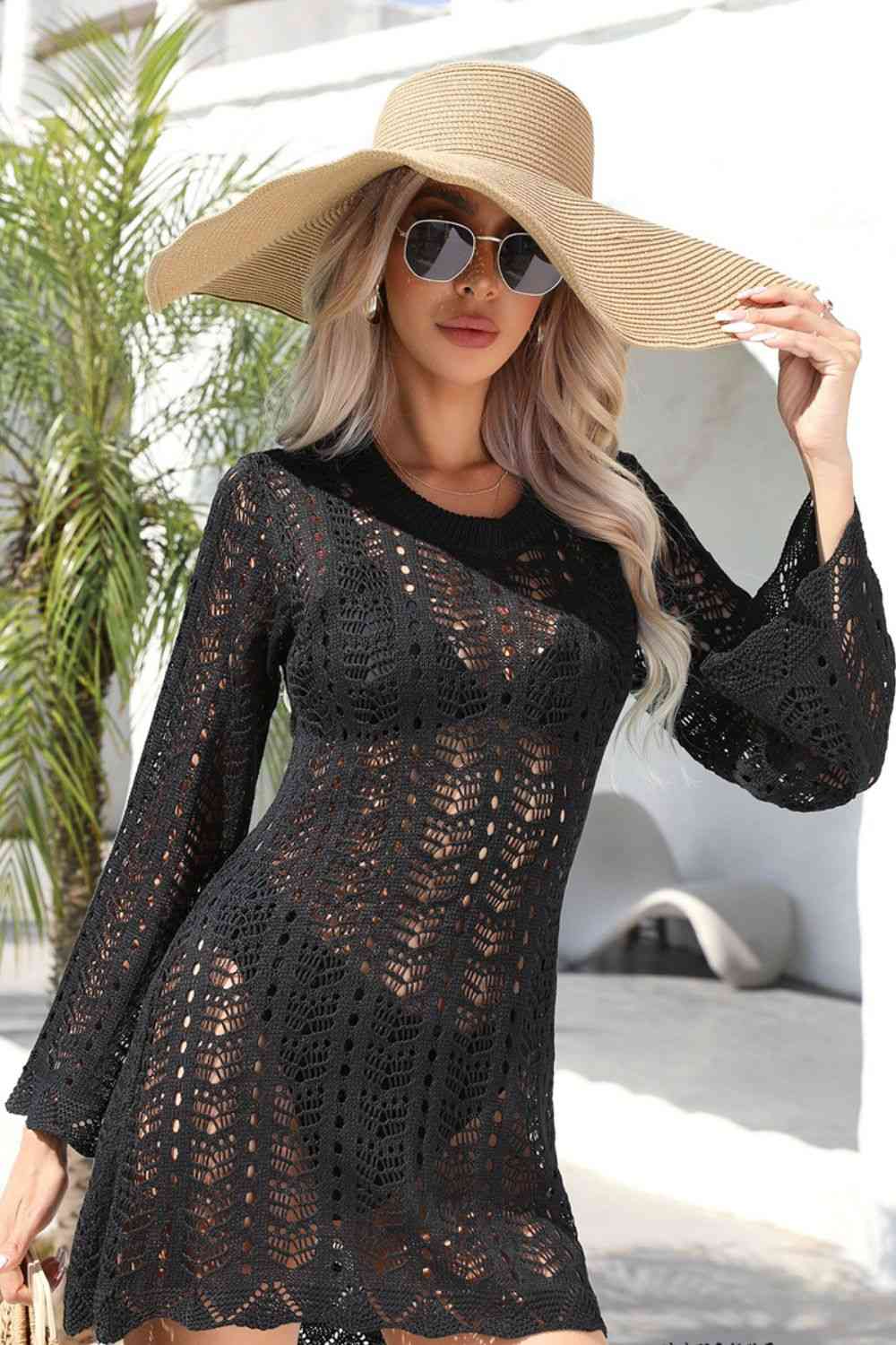 Trendsi Apparel & Accessories > Clothing > Dresses Openwork Scalloped Trim Long Sleeve Cover-Up Dress