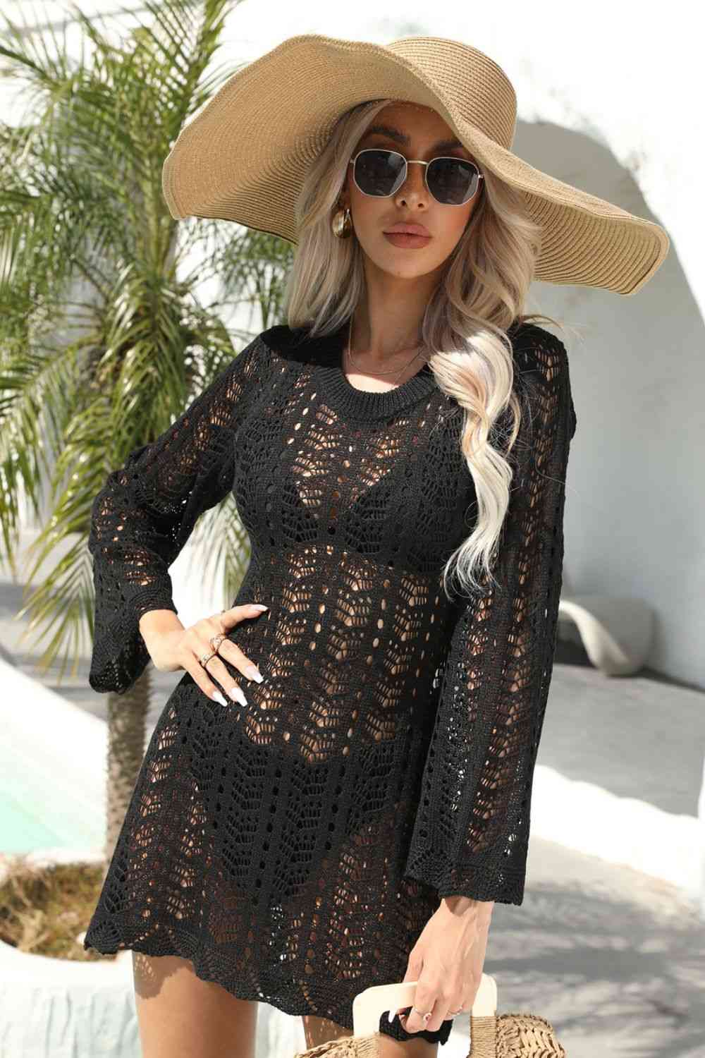 Trendsi Apparel & Accessories > Clothing > Dresses Openwork Scalloped Trim Long Sleeve Cover-Up Dress