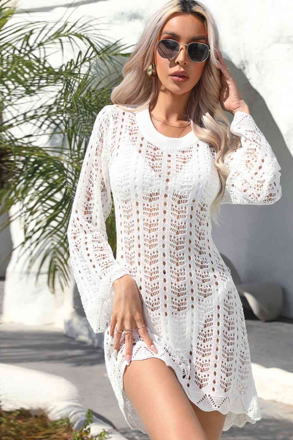 Trendsi Apparel & Accessories > Clothing > Dresses White / S Openwork Scalloped Trim Long Sleeve Cover-Up Dress