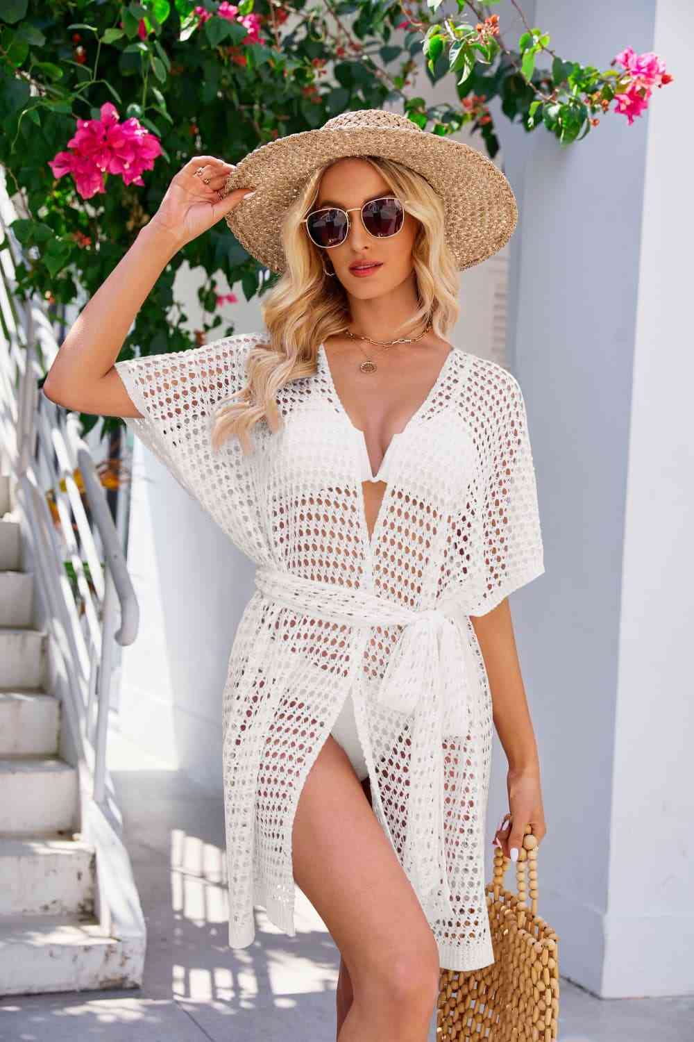Trendsi Apparel & Accessories > Clothing > Dresses White / S Openwork Tie Waist Cover Up