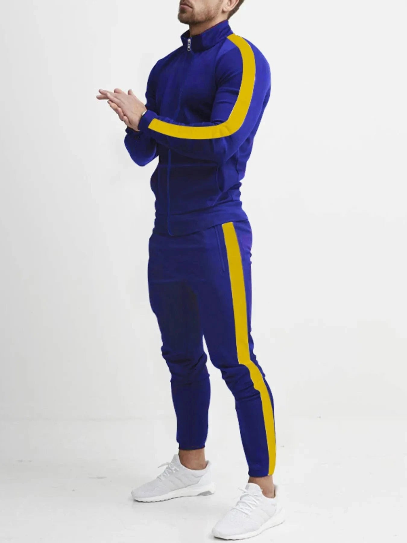 Trendsi Apparel & Accessories > Clothing > One Pieces > Jumpsuits & Rompers Royal Blue And Yellow / S Men's Full Size Side Stripes Zip Up Top and Pants Set Plus Size Men's Full Size Side Stripes Zip Up Top and Pants Set Plus Size
