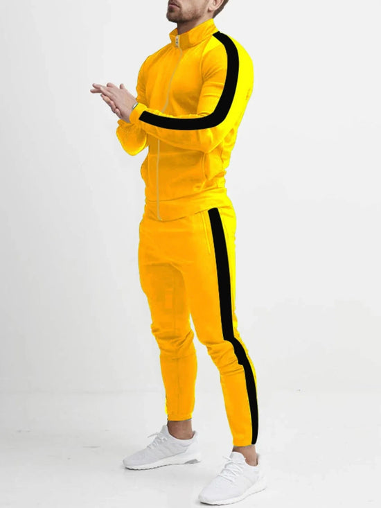 Trendsi Apparel & Accessories > Clothing > One Pieces > Jumpsuits & Rompers Yellow And Black / S Men's Full Size Side Stripes Zip Up Top and Pants Set Plus Size Men's Full Size Side Stripes Zip Up Top and Pants Set Plus Size