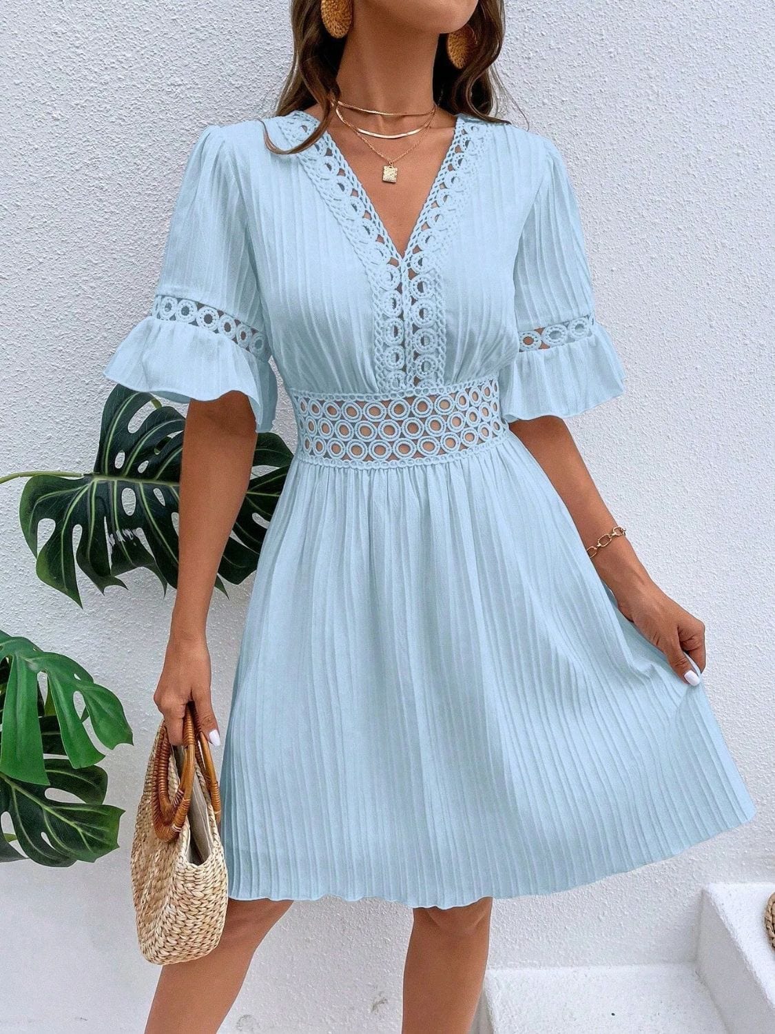 Trendsi Apparel & Accessories > Clothing > Pants Light Blue / S Cutout V-Neck Flounce Sleeve Mini Dress