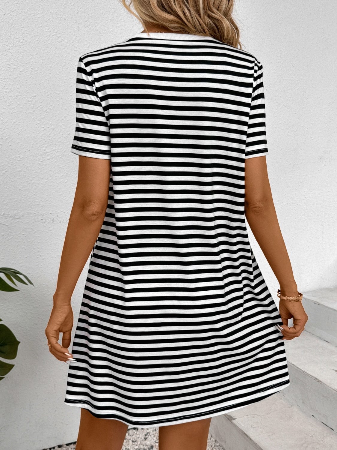 Trendsi Apparel & Accessories > Clothing > Pants Striped Round Neck Short Sleeve Dress