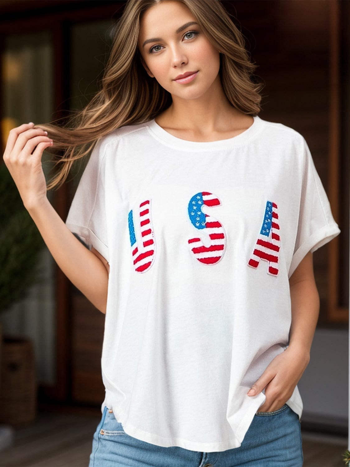 Trendsi Apparel & Accessories > Clothing > Pants White / S White USA American Flag Print Round Neck Short Sleeve Women's Casual T-Shirt