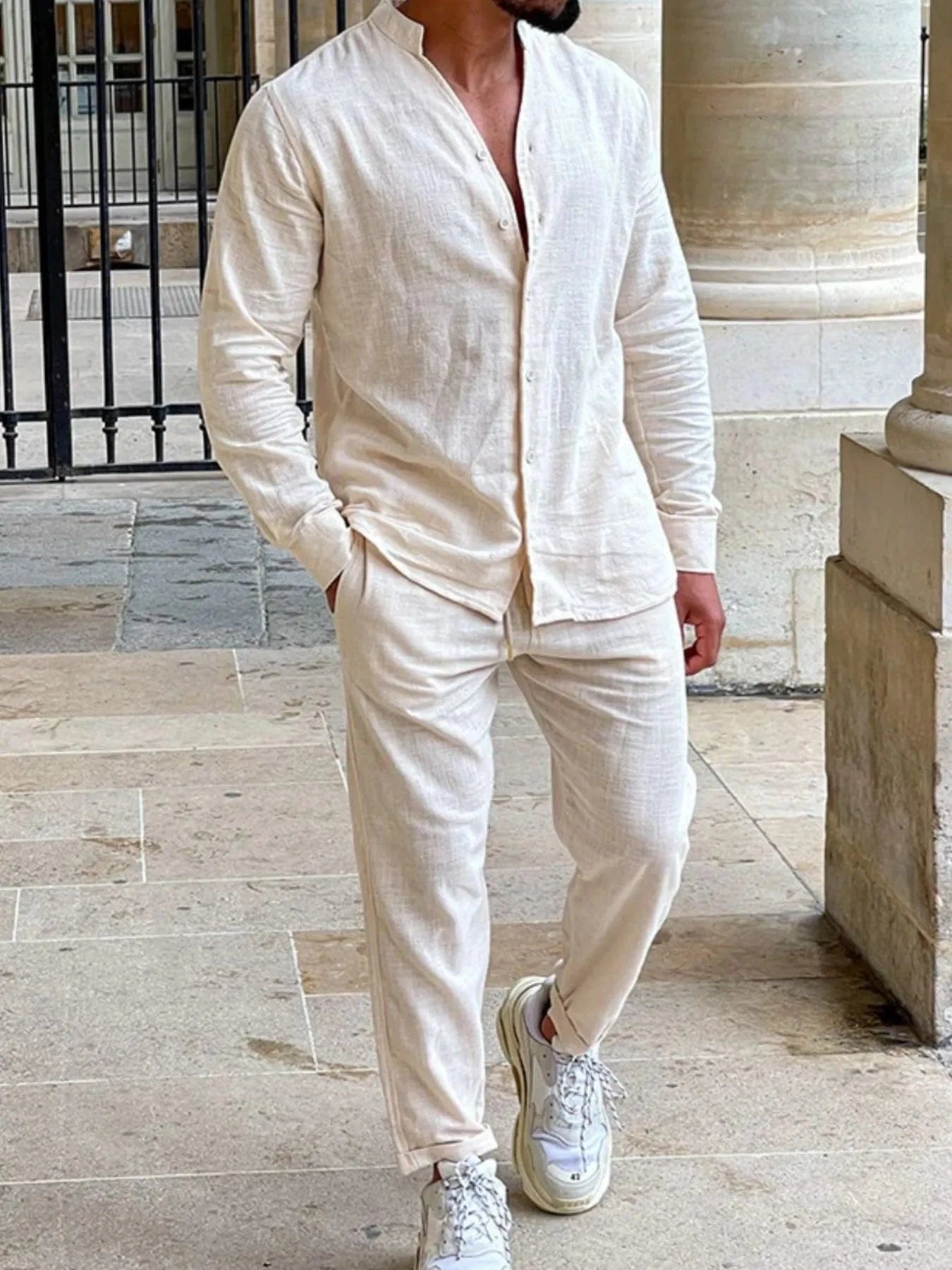 Trendsi Apparel & Accessories > Clothing > Shirts & Tops Beige / S Men's Beige Cotton Button Up Long Sleeve Top & Pants Outfit Men's Beige Cotton Button Up Long Sleeve Top & Pants Outfit