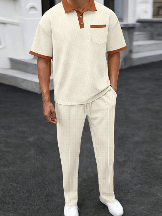 Trendsi Apparel & Accessories > Clothing > Shirts & Tops Beige / S Men's Cream Waffle-Knit Contrast Polo & Pants Outfit Men's Cream Waffle-Knit Contrast Polo & Pants Outfit