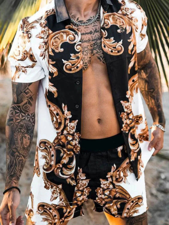 Trendsi Apparel & Accessories > Clothing > Shirts & Tops Black / M Men's Blue Euro Print Button Up Short Sleeve Shirt & Shorts Resort Outfit Men's Blue Versace Short Sleeve Shirt & Shorts Resort Outfit