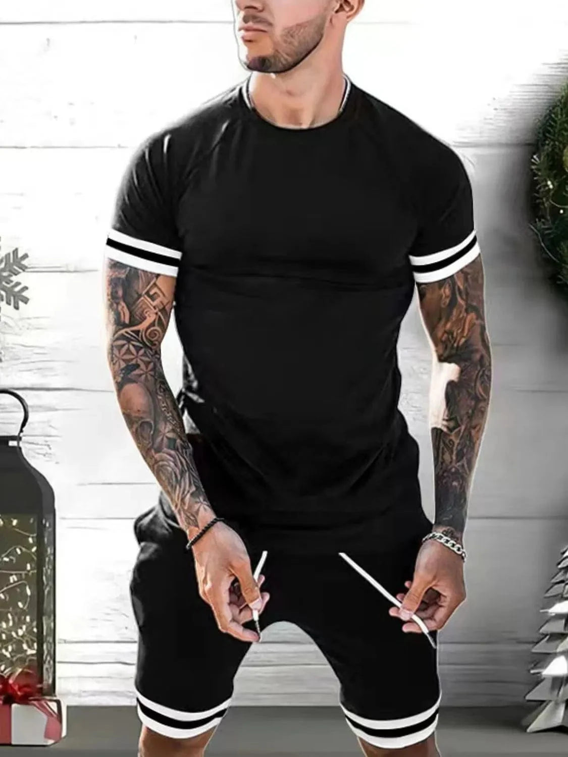 Trendsi Apparel & Accessories > Clothing > Shirts & Tops Black / M Men's White & Black Contrast Round Neck Short Sleeve Top & Shorts Outfit Men's White & Black Round Neck Short Sleeve Top & Shorts Outfit