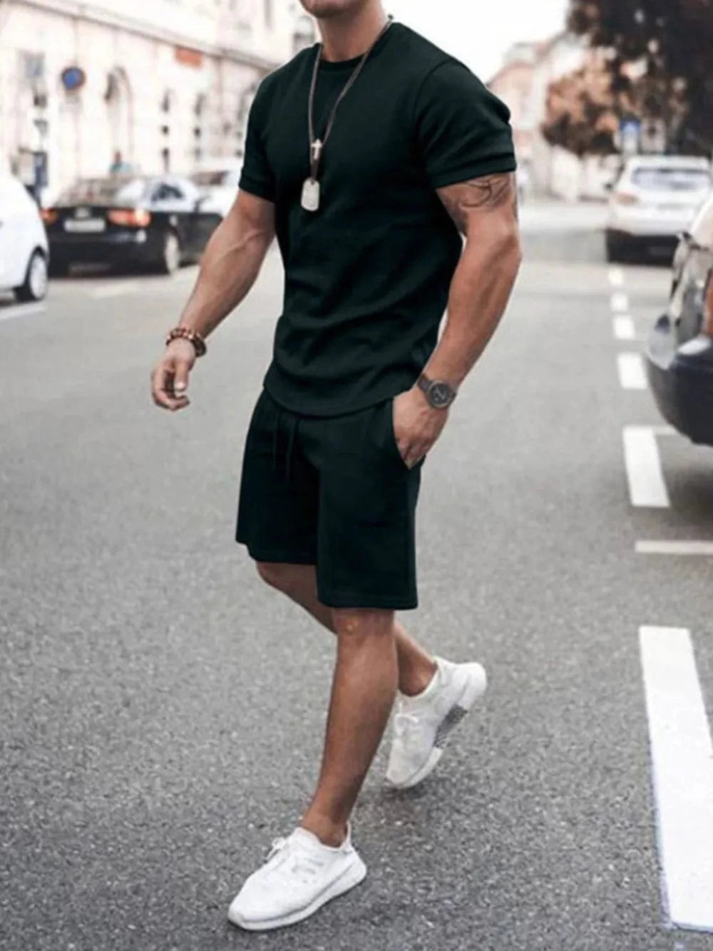 Trendsi Apparel & Accessories > Clothing > Shirts & Tops Black / M Men's White Round Neck Short Sleeve Top & Shorts Outfit Men's White Round Neck Short Sleeve Top & Shorts Outfit