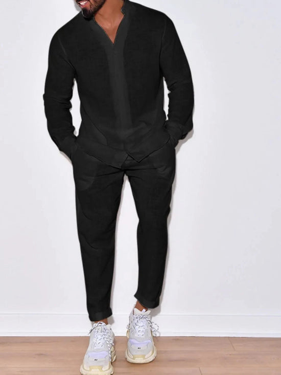 Load image into Gallery viewer, Trendsi Apparel &amp;amp; Accessories &amp;gt; Clothing &amp;gt; Shirts &amp;amp; Tops Black / S Men&amp;#39;s Beige Cotton Button Up Long Sleeve Top &amp;amp; Pants Outfit Men&amp;#39;s Beige Cotton Button Up Long Sleeve Top &amp;amp; Pants Outfit

