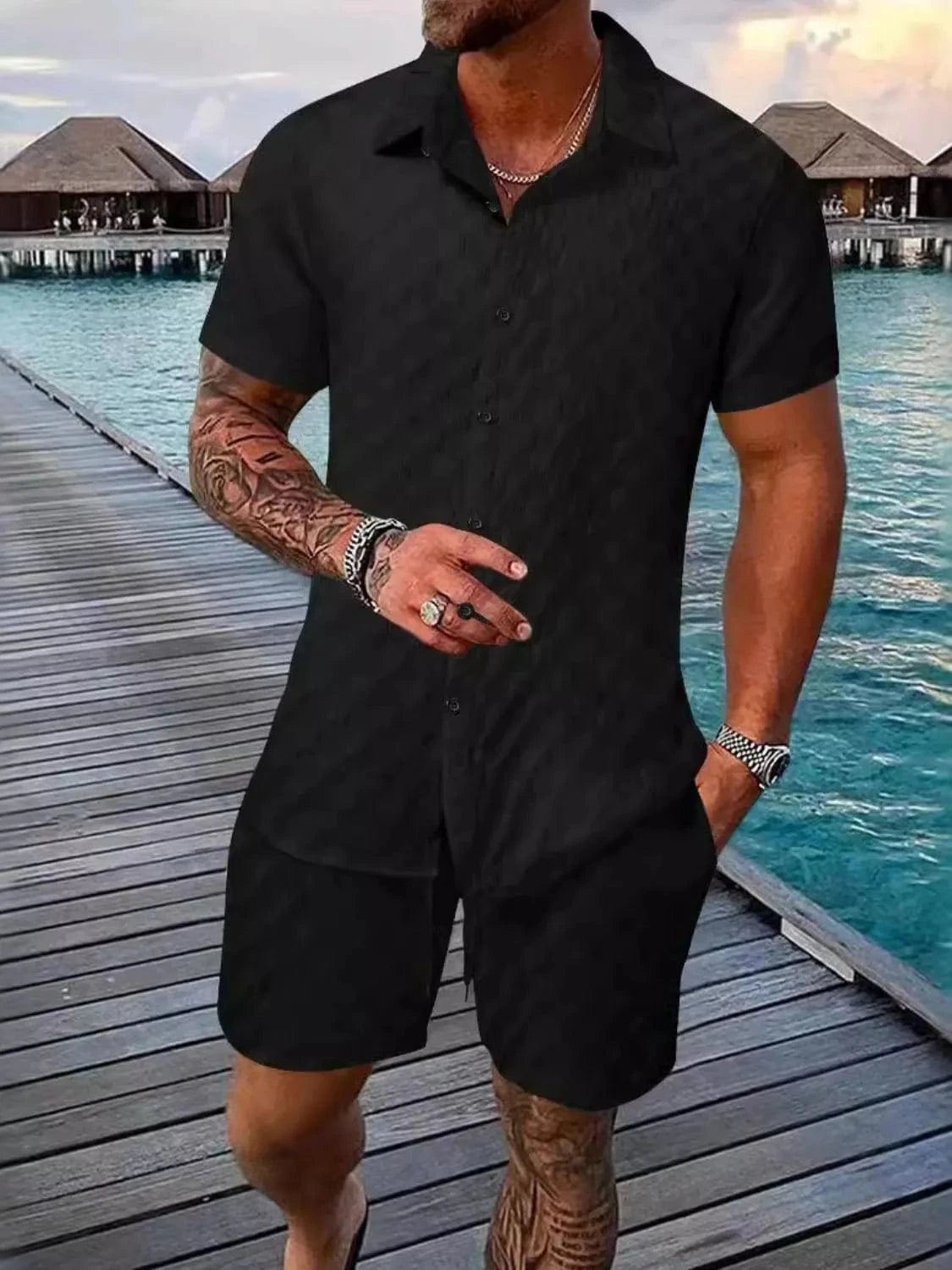 Trendsi Apparel & Accessories > Clothing > Shirts & Tops Black / S Men's Black Collared Neck Short Sleeve Top & Shorts Resort Outfit Men's Black Collared Neck Short Sleeve Top & Shorts Resort Outfit