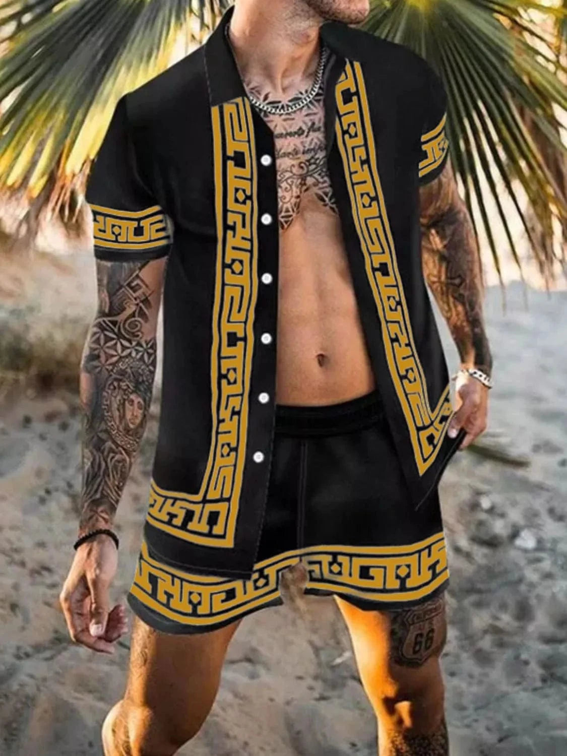 Trendsi Apparel & Accessories > Clothing > Shirts & Tops Black / S Men's Black & Gold Euro Print Collared Neck Short Sleeve Top & Shorts Outfit Men's Black & Gold Versace Print Short Sleeve Top & Shorts Outfit