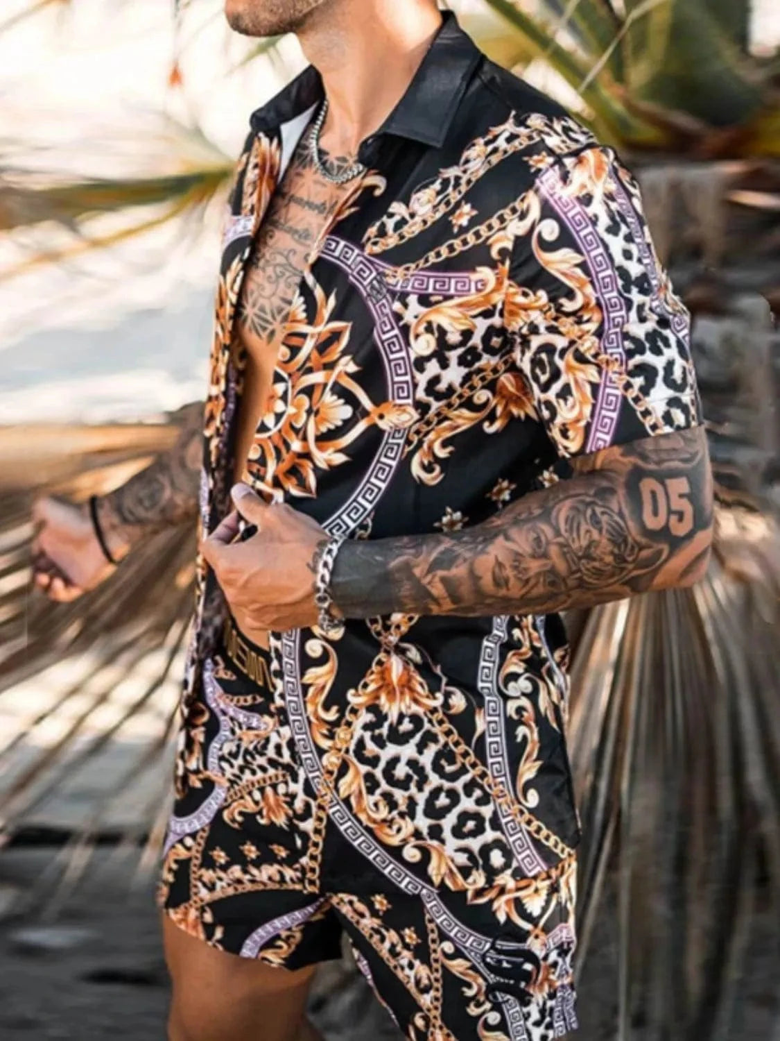 Trendsi Apparel & Accessories > Clothing > Shirts & Tops Black / S Men's Black & Gold Print Short Sleeve Top & Shorts Resort Outfit Men's Black & Gold Print Short Sleeve Top & Shorts Resort Outfit