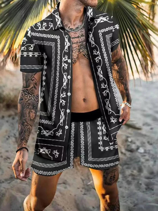 Trendsi Apparel & Accessories > Clothing > Shirts & Tops Black / S Men's Black & White Print Collared Neck Short Sleeve Top & Shorts Resort Outfit Men's Black White Print Short Sleeve Top & Shorts Resort Outfit