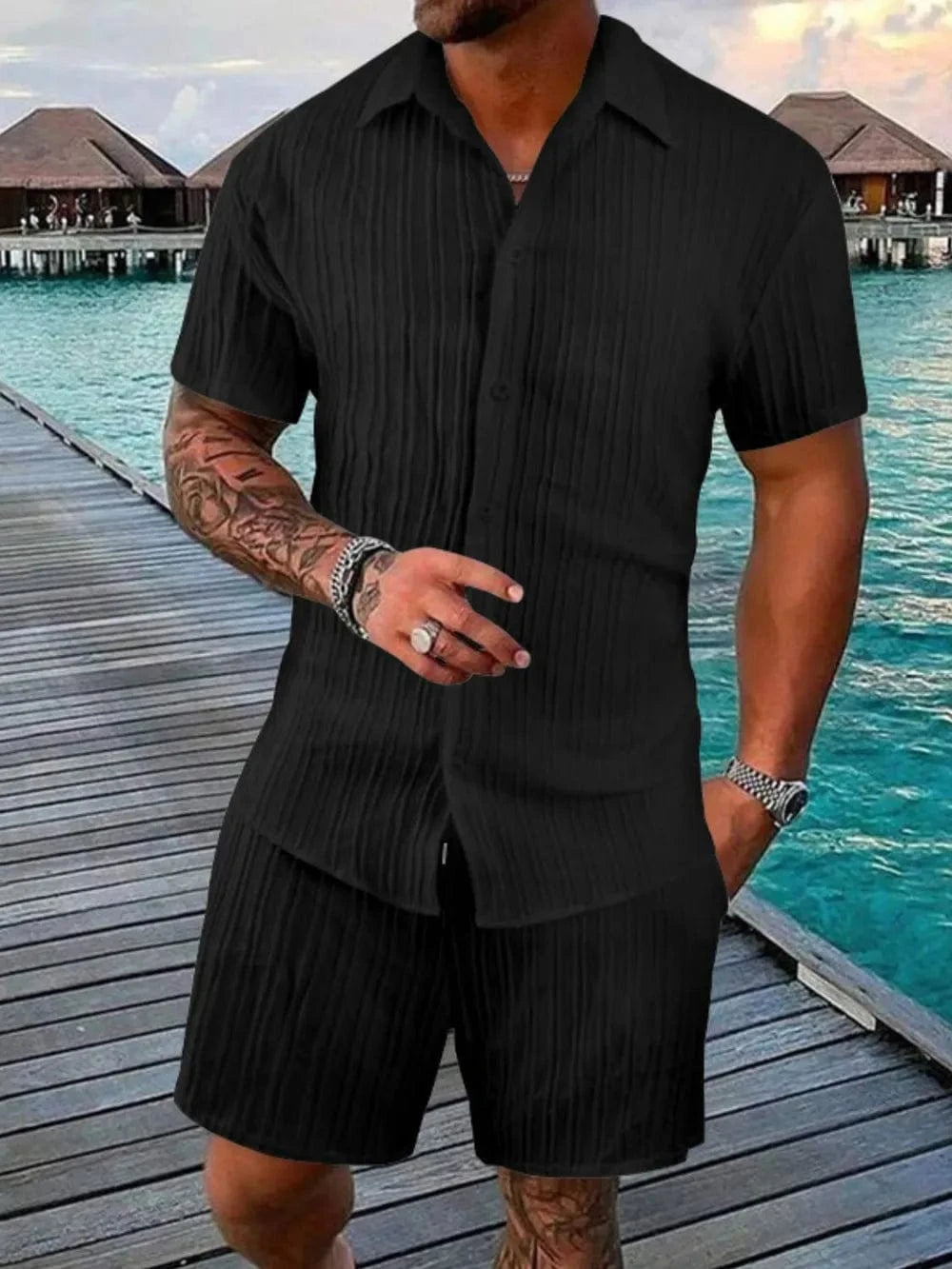 Trendsi Apparel & Accessories > Clothing > Shirts & Tops Black / S Men's Grey Button Down Short Sleeve Shirt & Shorts Resort Outfit Men's Grey Button Down Short Sleeve Shirt & Shorts Resort Outfit