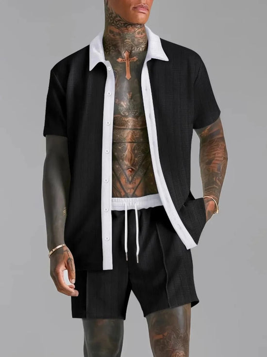 Trendsi Apparel & Accessories > Clothing > Shirts & Tops Black / S Men's Tan w/ Light Blue Contrast Collared Neck Short Sleeve Top & Shorts Outfit Men's Tan Light Blue Short Sleeve Top & Shorts Resort Outfit