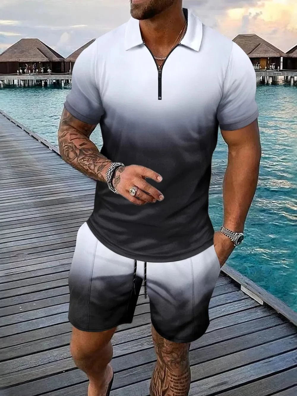 Trendsi Apparel & Accessories > Clothing > Shirts & Tops Black / S Men's White & Black Gradient Collared Neck Top & Shorts Resort Outfit Men's White & Black Collared Neck Top & Shorts Resort Outfit