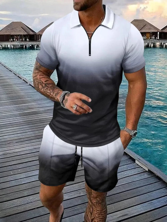 Trendsi Apparel & Accessories > Clothing > Shirts & Tops Black / S Men's White & Black Gradient Collared Neck Top & Shorts Resort Outfit Men's White & Black Collared Neck Top & Shorts Resort Outfit