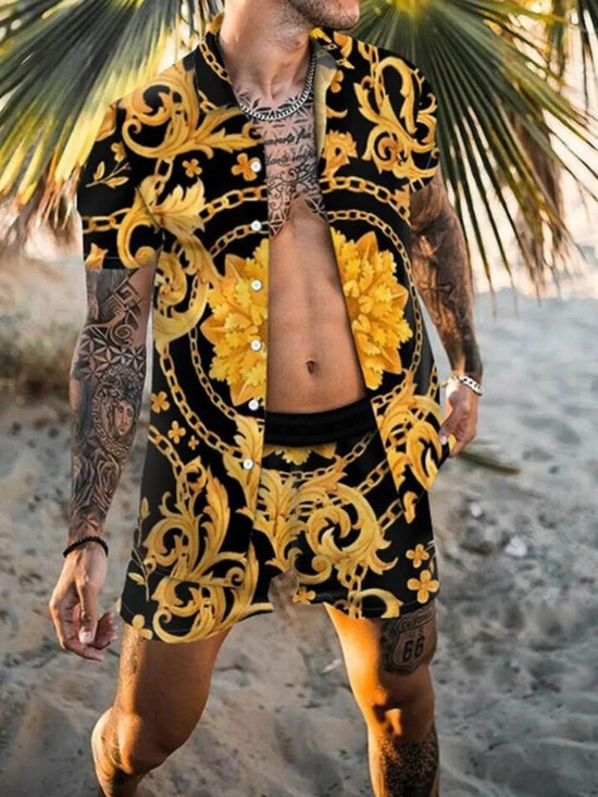 Trendsi Apparel & Accessories > Clothing > Shirts & Tops Gold / M Men's Black & Gold Euro Print Short Sleeve Shirt & Shorts Outfit Men's Black & Gold Euro Print Short Sleeve Shirt & Shorts Outfit