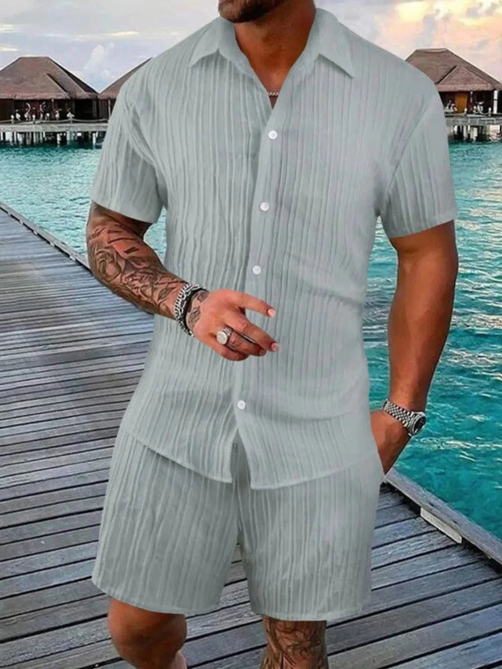 Trendsi Apparel & Accessories > Clothing > Shirts & Tops Gray / S Men's Grey Button Down Short Sleeve Shirt & Shorts Resort Outfit Men's Grey Button Down Short Sleeve Shirt & Shorts Resort Outfit