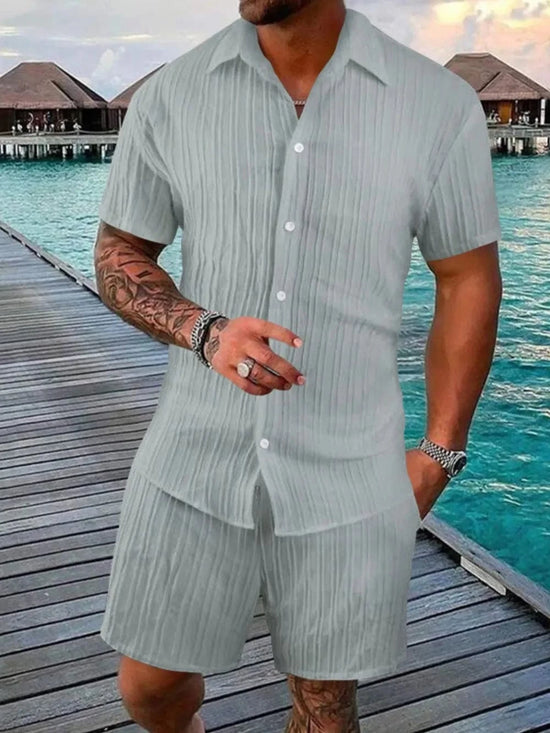 Trendsi Apparel & Accessories > Clothing > Shirts & Tops Gray / S Men's Grey Button Down Short Sleeve Shirt & Shorts Resort Outfit Men's Grey Button Down Short Sleeve Shirt & Shorts Resort Outfit